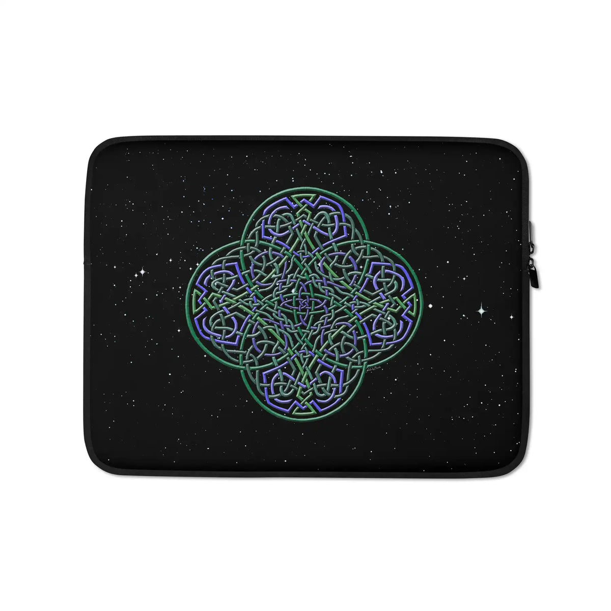 A 13 inch graphic laptop sleeve featuring the Living Colour iteration of the Reach Of The Spirit Celtic knot design amidst a field of stars.