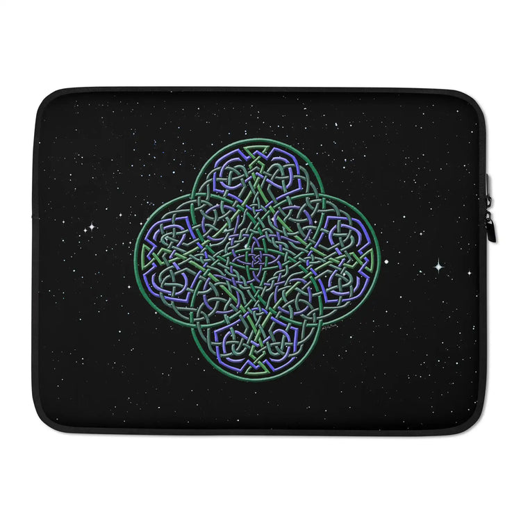 A 15 inch graphic laptop sleeve featuring the Living Colour iteration of the Reach Of The Spirit Celtic knot design amidst a field of stars.