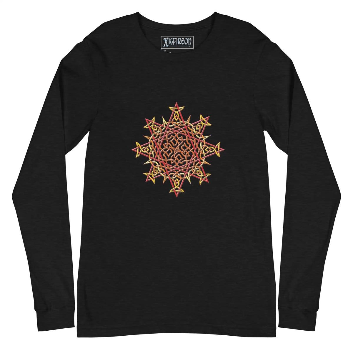 A black heather Xigfireon long sleeve graphic t-shirt featuring the Fire Colour iteration of the Morning Star Fire Celtic knot design. The Morning Star Fire Celtic knot is a Sun symbol.