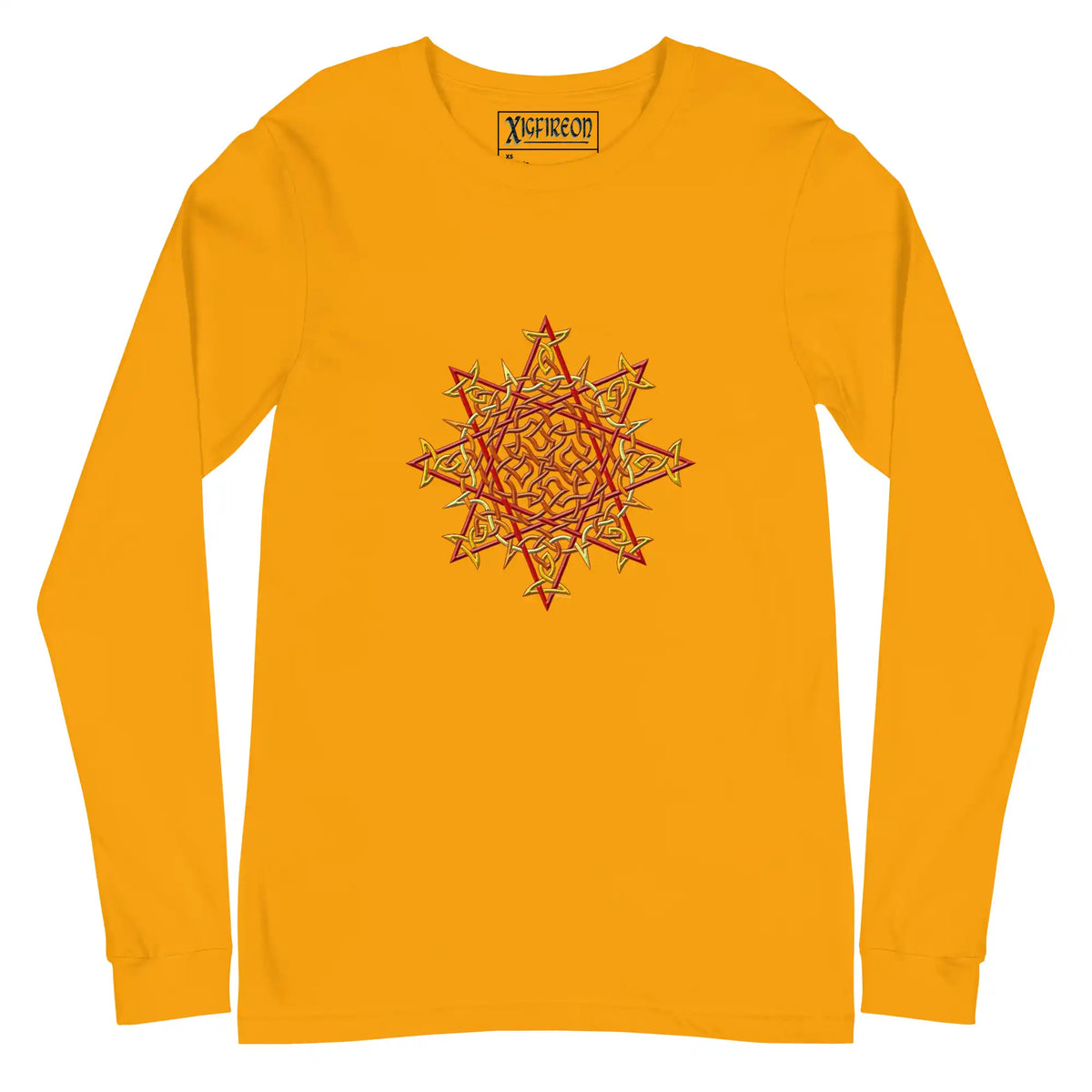 A gold Xigfireon long sleeve graphic t-shirt featuring the Fire Colour iteration of the Morning Star Fire Celtic knot design. The Morning Star Fire Celtic knot is a Sun symbol.