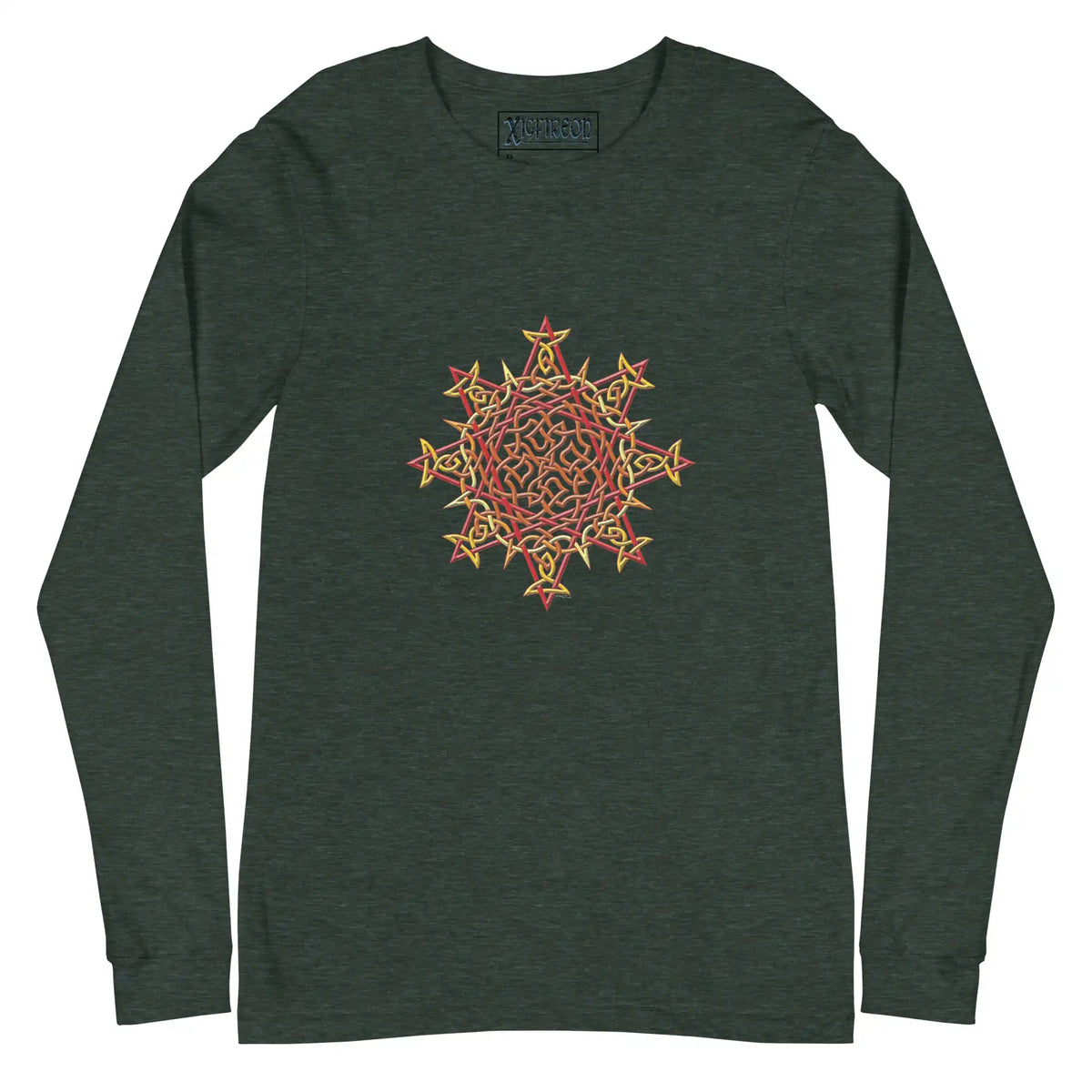 A heather forest green Xigfireon long sleeve graphic t-shirt featuring the Fire Colour iteration of the Morning Star Fire Celtic knot design. The Morning Star Fire Celtic knot is a Sun symbol.