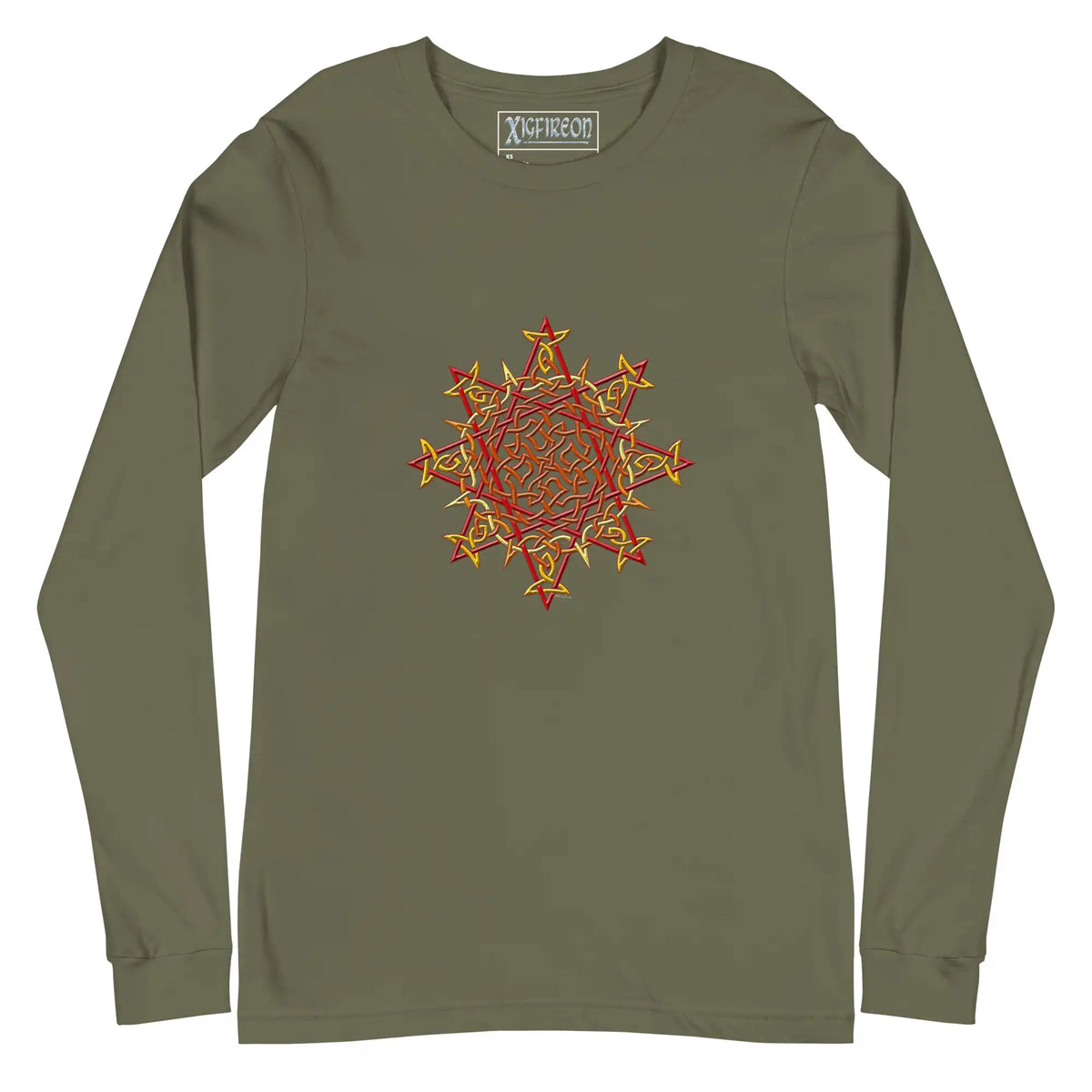 A military green Xigfireon long sleeve graphic t-shirt featuring the Fire Colour iteration of the Morning Star Fire Celtic knot design. The Morning Star Fire Celtic knot is a Sun symbol.