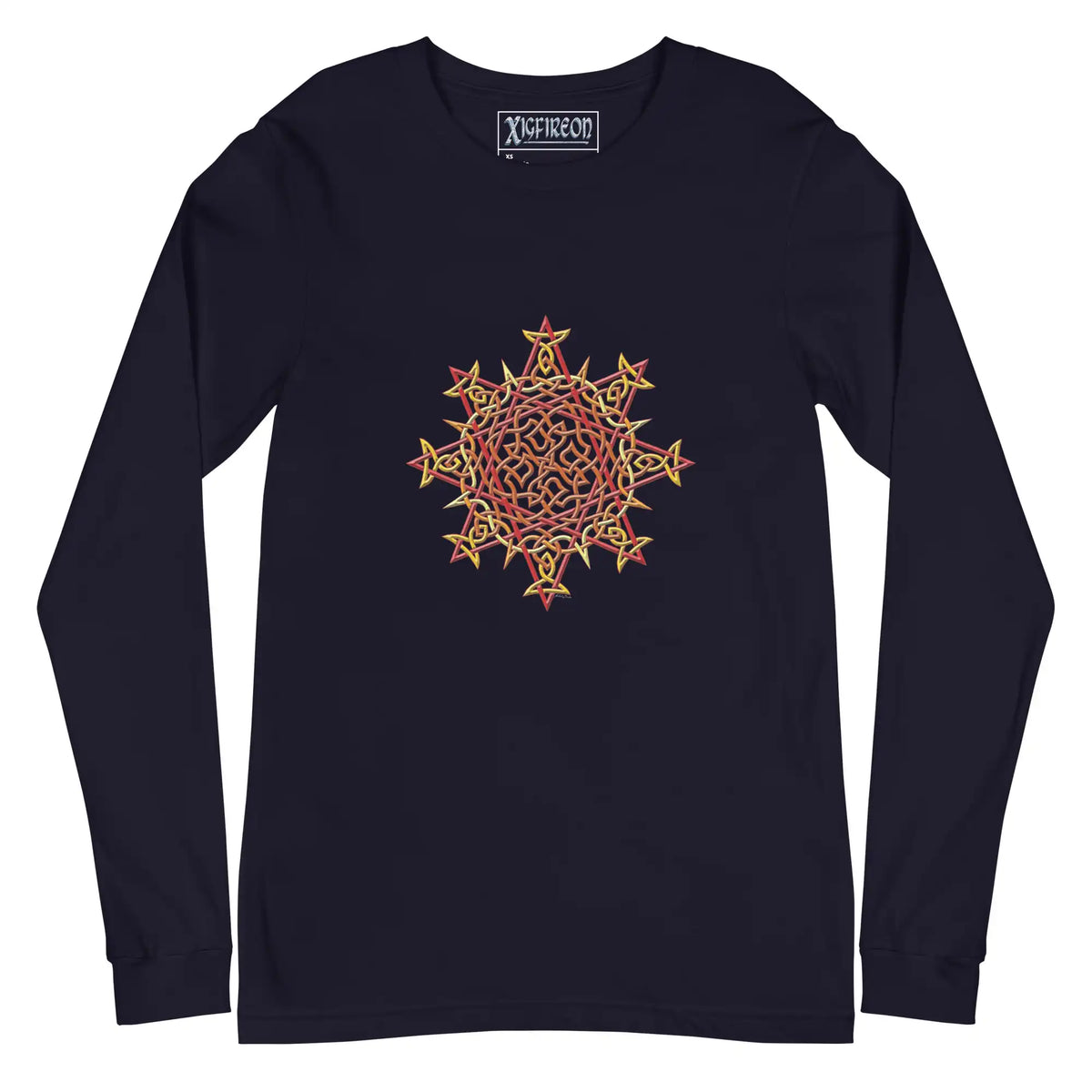 A navy blue Xigfireon long sleeve graphic t-shirt featuring the Fire Colour iteration of the Morning Star Fire Celtic knot design. The Morning Star Fire Celtic knot is a Sun symbol.