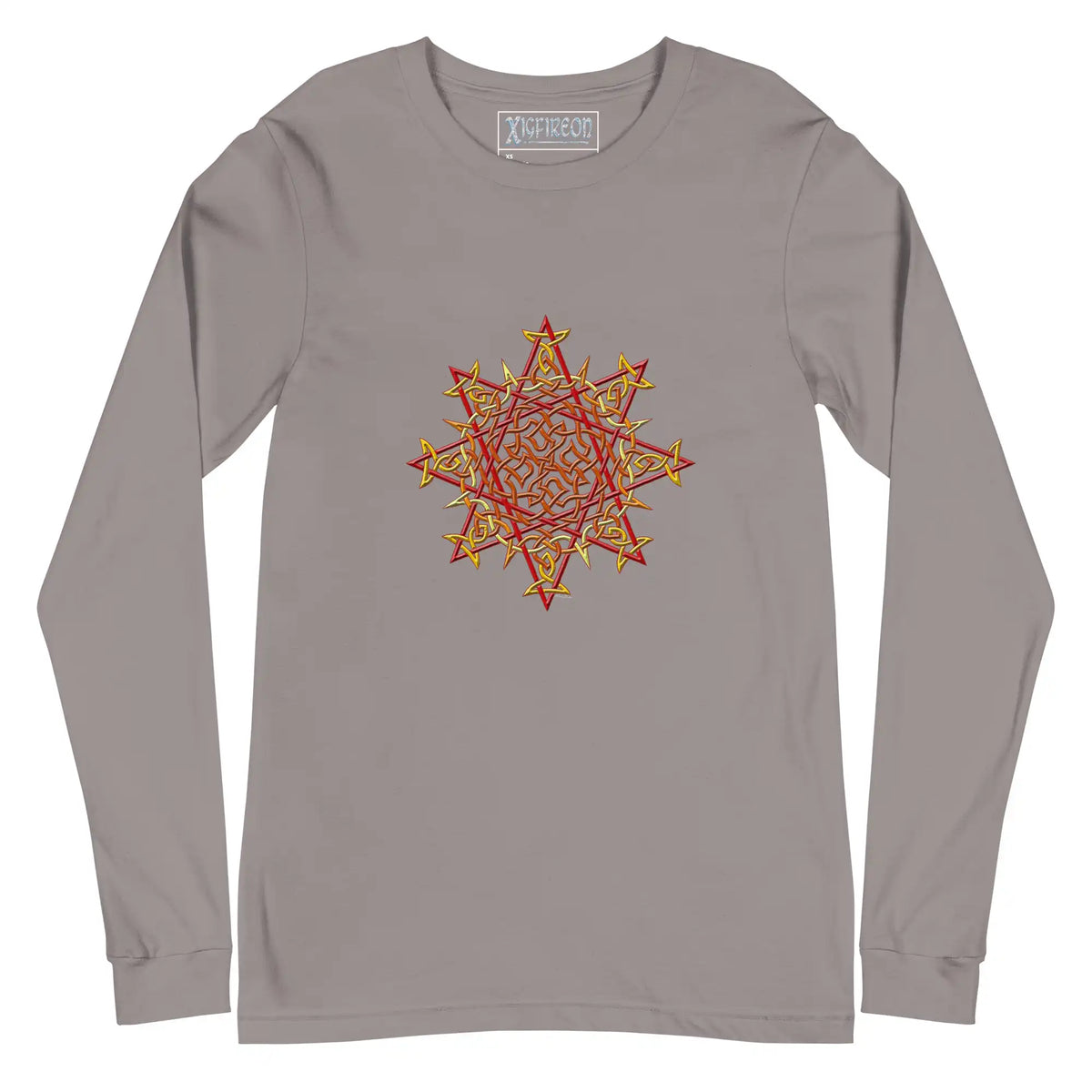 A storm grey Xigfireon long sleeve graphic t-shirt featuring the Fire Colour iteration of the Morning Star Fire Celtic knot design. The Morning Star Fire Celtic knot is a Sun symbol.