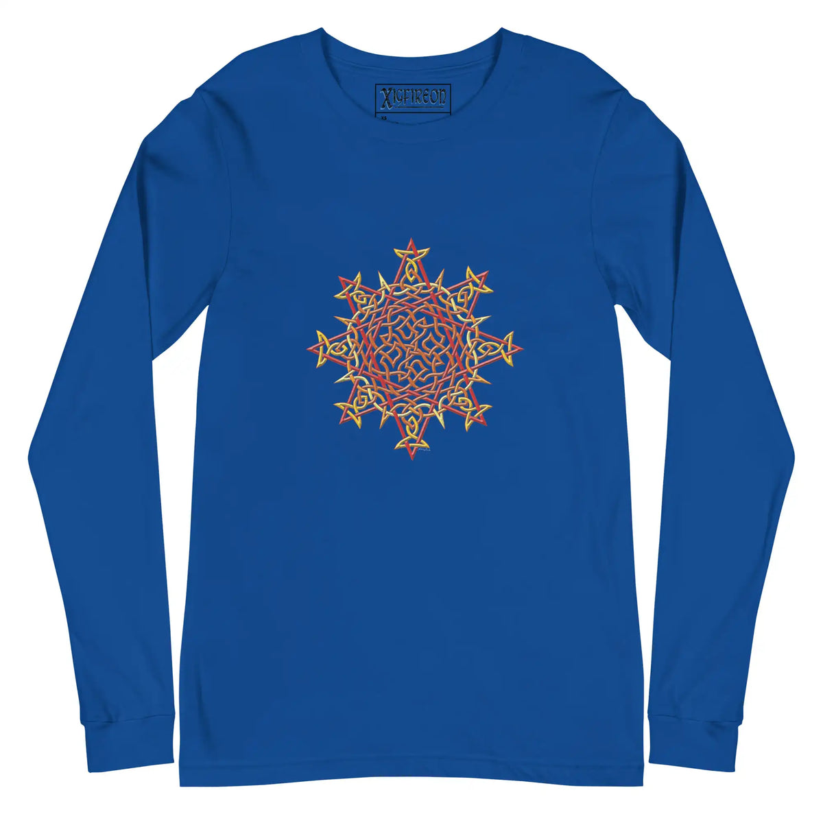 A true royal blue Xigfireon long sleeve graphic t-shirt featuring the Fire Colour iteration of the Morning Star Fire Celtic knot design. The Morning Star Fire Celtic knot is a Sun symbol.