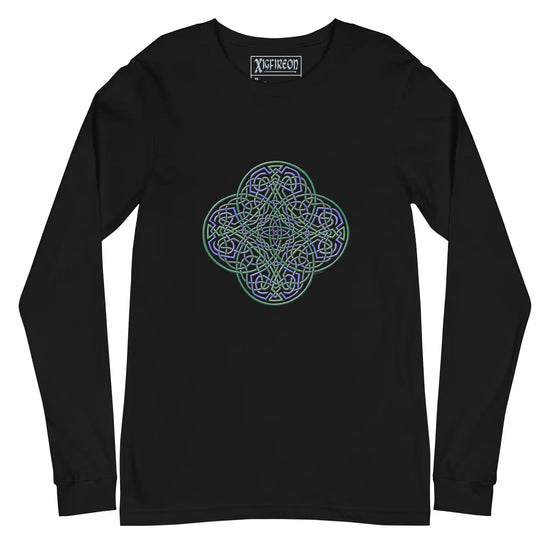 A black Xigfireon long sleeve graphic t-shirt featuring the Living Colour iteration of the Reach Of The Spirit Celtic knot design. The Reach Of The Spirit Celtic knot symbolizes Mother Earth.