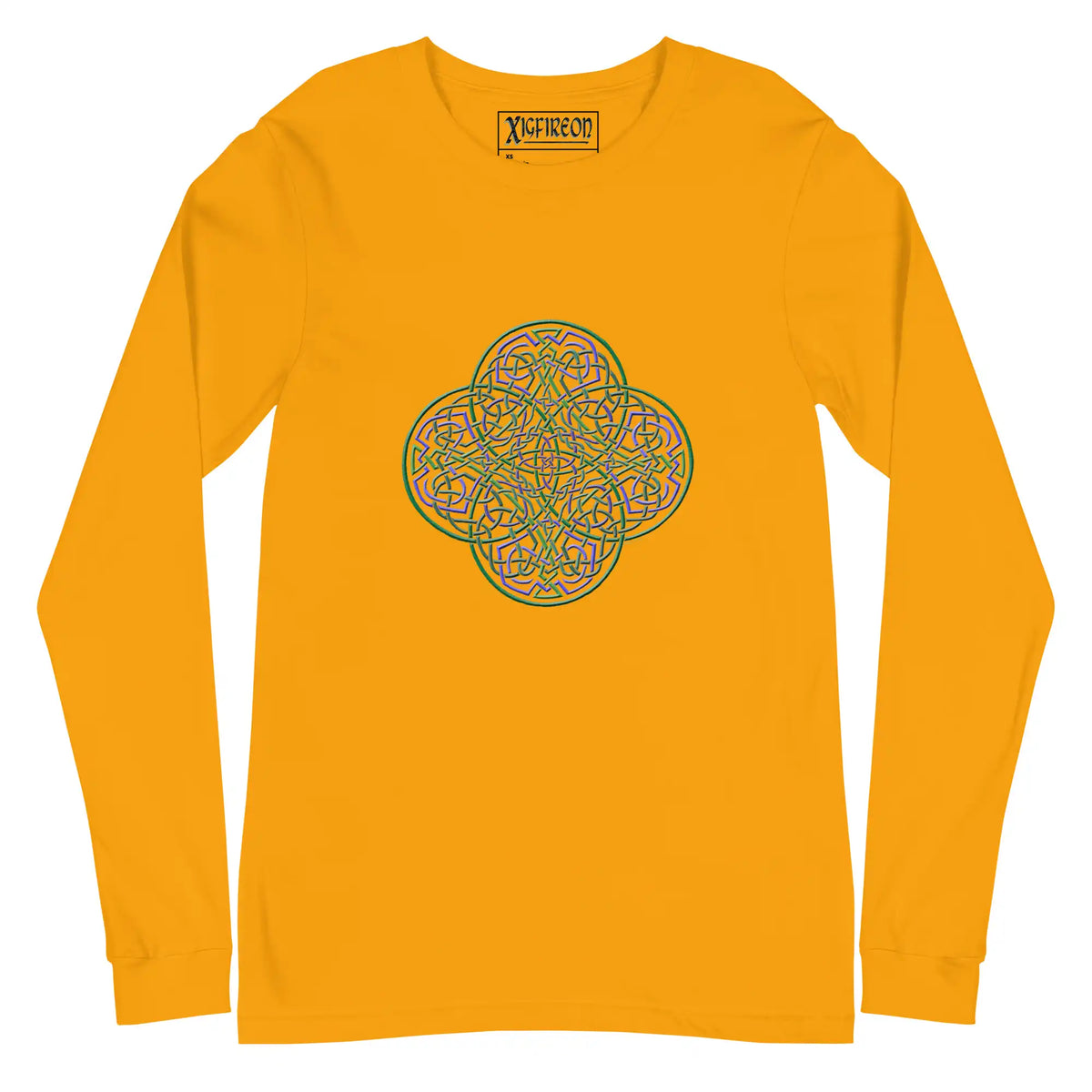 A gold Xigfireon long sleeve graphic t-shirt featuring the Living Colour iteration of the Reach Of The Spirit Celtic knot design. The Reach Of The Spirit Celtic knot symbolizes Mother Earth.