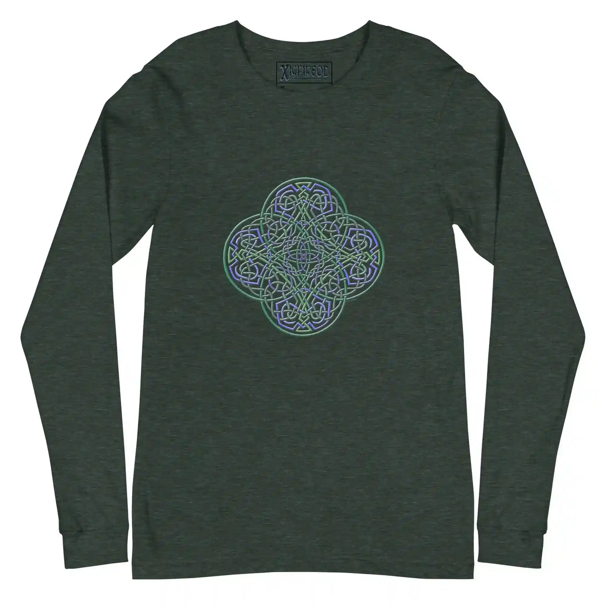 A heather forest green Xigfireon long sleeve graphic t-shirt featuring the Living Colour iteration of the Reach Of The Spirit Celtic knot design. The Reach Of The Spirit Celtic knot symbolizes Mother Earth.