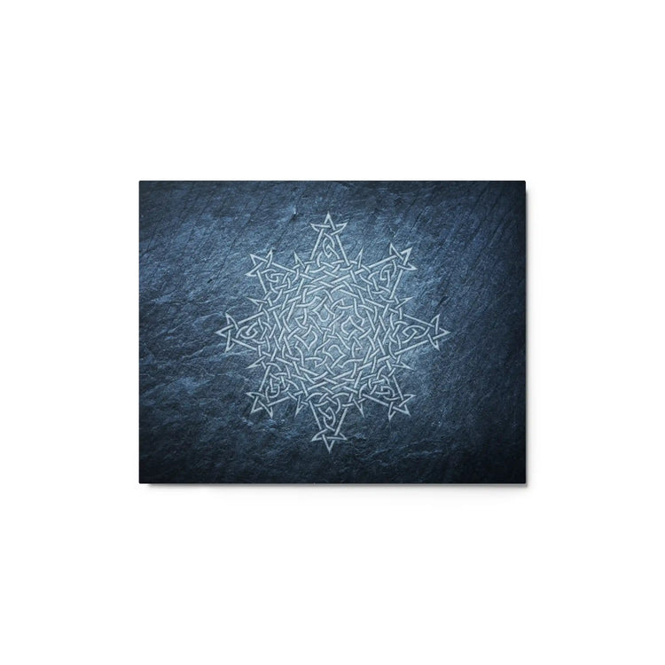 A 11" x 14" glossy metal art print of the Blue Slate iteration of the Morning Star Fire Celtic knot design.