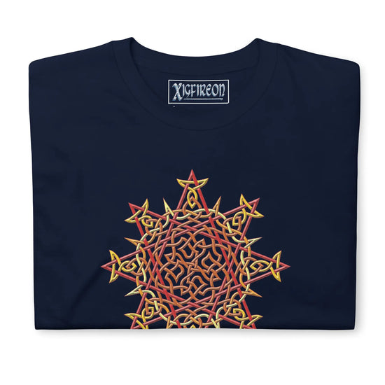 A folded navy blue Xigfireon graphic t-shirt featuring the Fire Colour iteration of the Morning Star Fire Celtic knot design. The Morning Star Fire Celtic knot symbolizes the Sun.