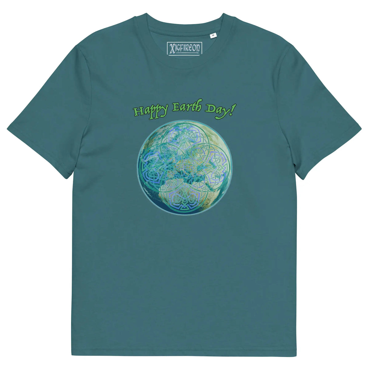 A stargazer organic graphic t-shirt featuring the Sacred Planet iteration of the Reach Of The Spirit Celtic knot design under a message reading "Happy Earth Day".