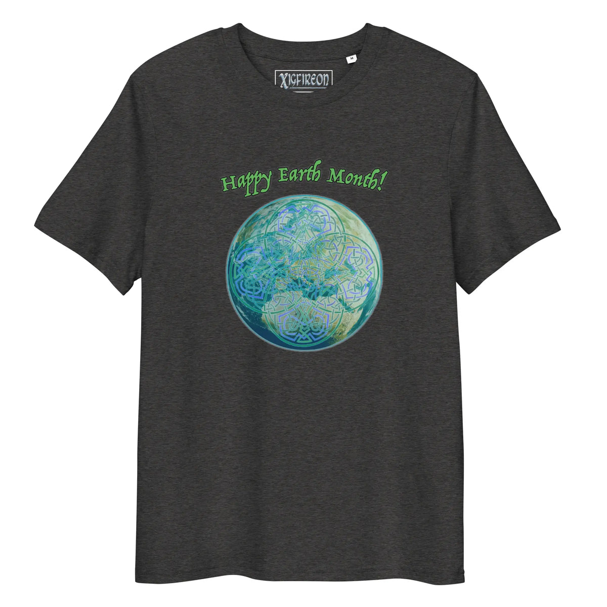 A dark heather grey organic graphic t-shirt featuring the Sacred Planet iteration of the Reach Of The Spirit Celtic knot design under a message reading "Happy Earth Month".