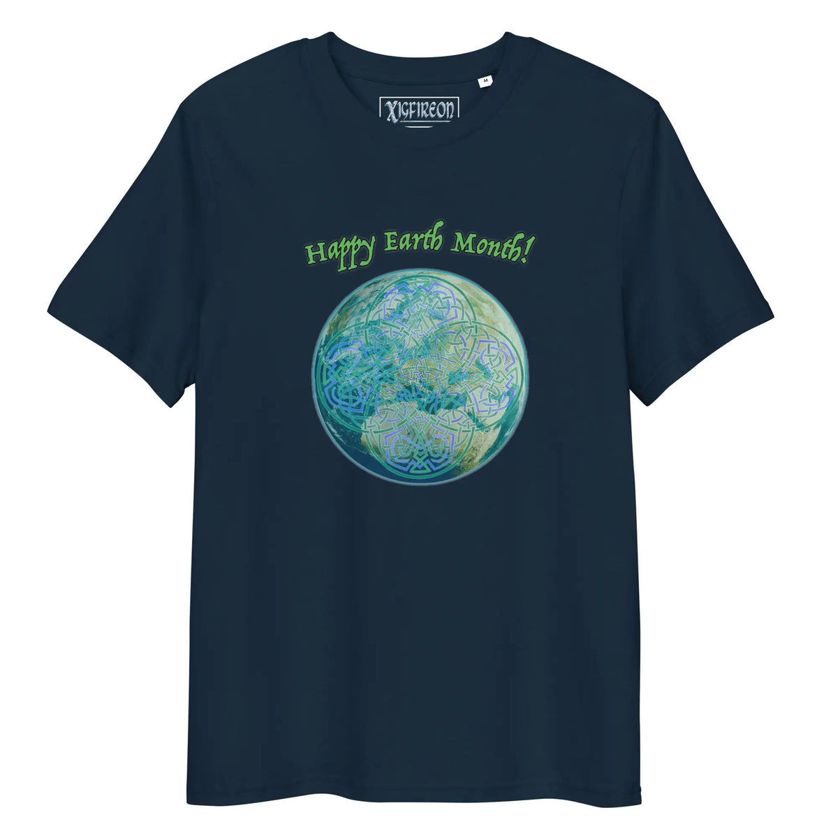 A French navy blue organic graphic t-shirt featuring the Sacred Planet iteration of the Reach Of The Spirit Celtic knot design under a message reading "Happy Earth Month".