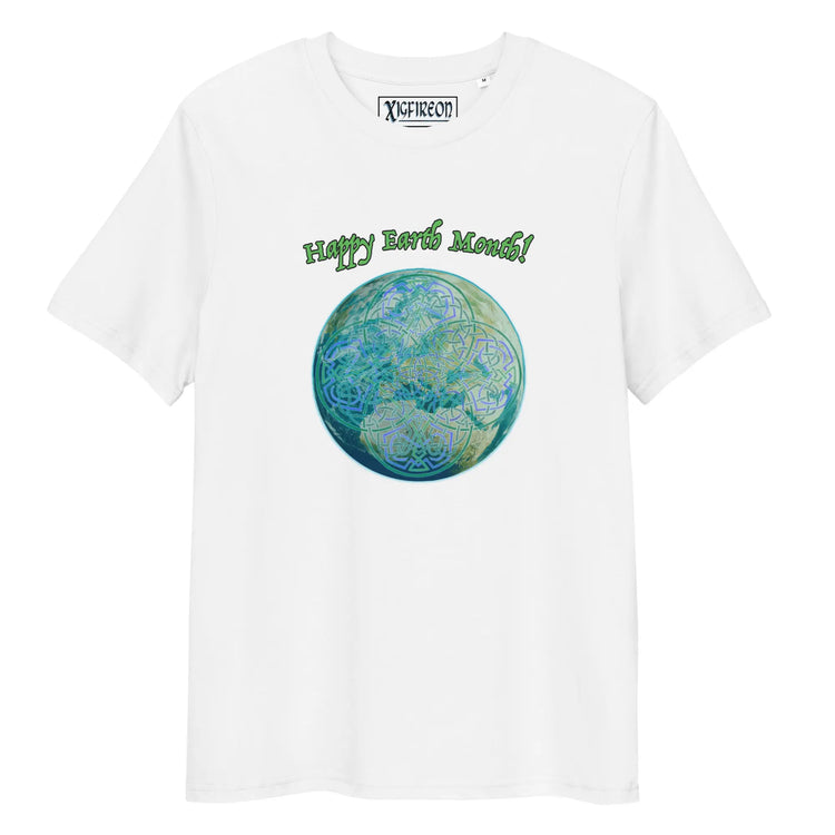 A white organic graphic t-shirt featuring the Sacred Planet iteration of the Reach Of The Spirit Celtic knot design under a message reading "Happy Earth Month".
