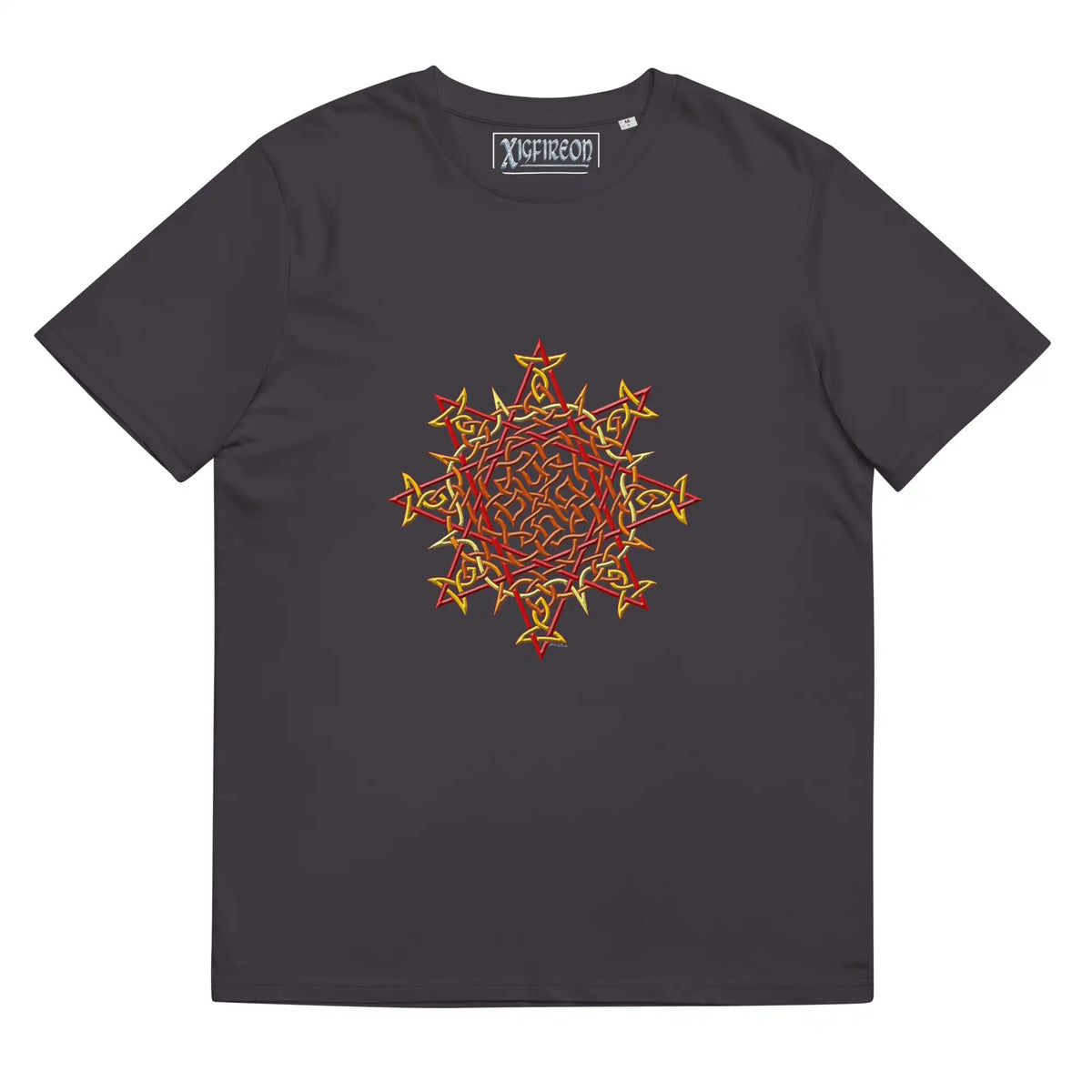 An anthracite Xigfireon graphic organic cotton t-shirt featuring the Fire Colour iteration of the Morning Star Fire Celtic knot design. The Morning Star Fire Celtic knot represents our benevolent Father Sun.