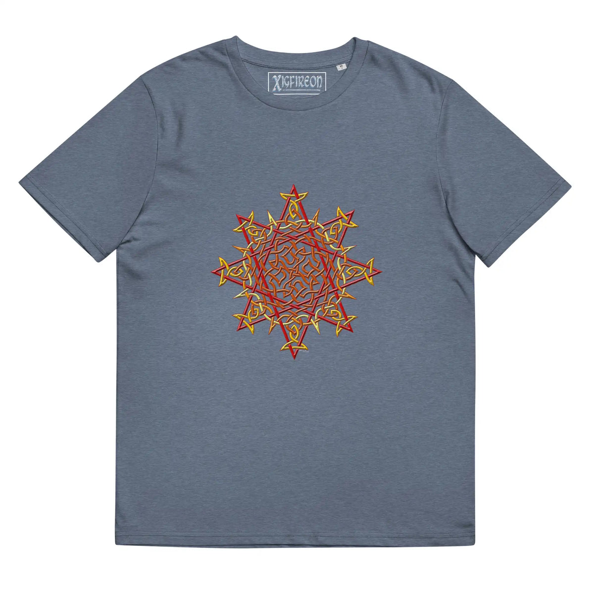 A dark heather blue Xigfireon graphic organic cotton t-shirt featuring the Fire Colour iteration of the Morning Star Fire Celtic knot design. The Morning Star Fire Celtic knot represents our benevolent Father Sun.