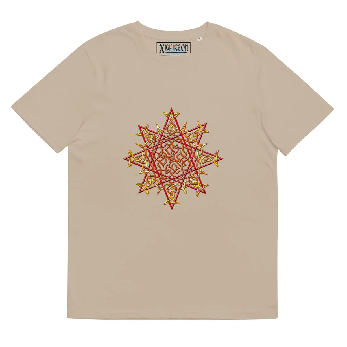 A desert dust Xigfireon graphic organic cotton t-shirt featuring the Fire Colour iteration of the Morning Star Fire Celtic knot design. The Morning Star Fire Celtic knot represents our benevolent Father Sun.