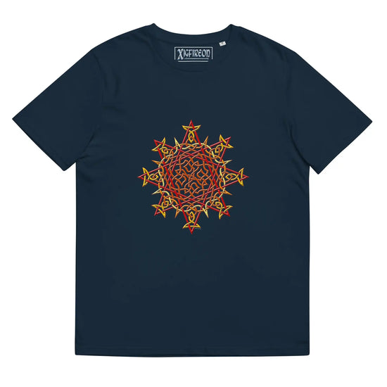 A French navy blue Xigfireon graphic organic cotton t-shirt featuring the Fire Colour iteration of the Morning Star Fire Celtic knot design. The Morning Star Fire Celtic knot represents our benevolent Father Sun.