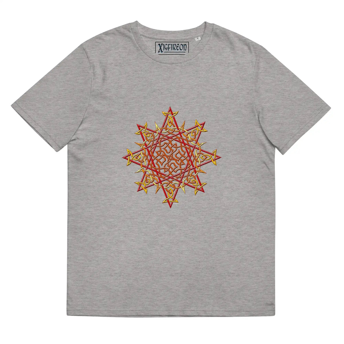 A heather grey Xigfireon graphic organic cotton t-shirt featuring the Fire Colour iteration of the Morning Star Fire Celtic knot design. The Morning Star Fire Celtic knot represents our benevolent Father Sun.