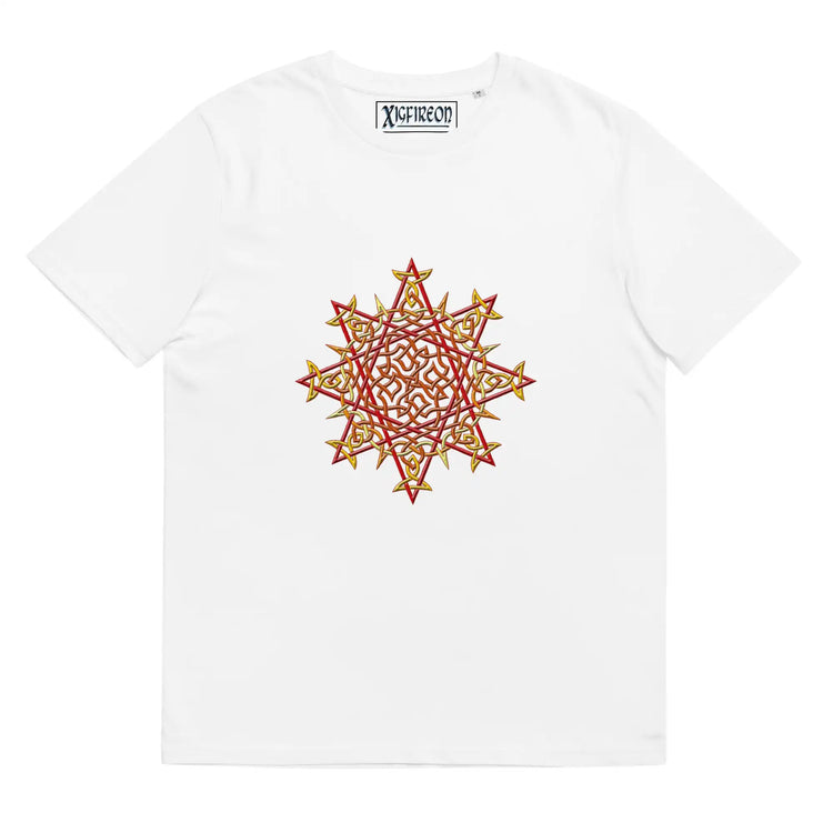 A white Xigfireon graphic organic cotton t-shirt featuring the Fire Colour iteration of the Morning Star Fire Celtic knot design. The Morning Star Fire Celtic knot represents our benevolent Father Sun.