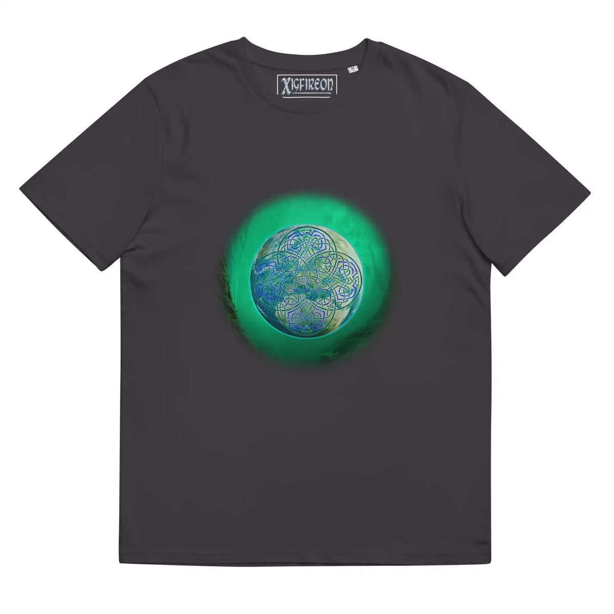 An anthracite white Xigfireon graphic organic cotton t-shirt featuring the Deep Forest iteration of the Reach Of The Spirit Celtic knot design. The Reach Of The Spirit Celtic knot represents the glorious Earth.