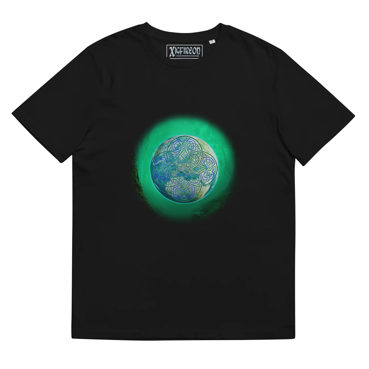 A black Xigfireon graphic organic cotton t-shirt featuring the Deep Forest iteration of the Reach Of The Spirit Celtic knot design. The Reach Of The Spirit Celtic knot represents the glorious Earth.