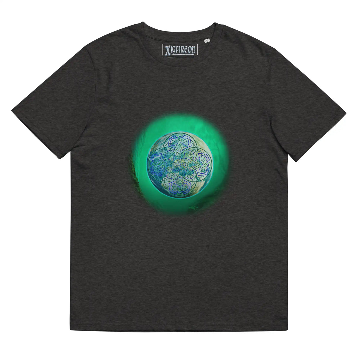A dark heather grey Xigfireon graphic organic cotton t-shirt featuring the Deep Forest iteration of the Reach Of The Spirit Celtic knot design. The Reach Of The Spirit Celtic knot represents the glorious Earth.