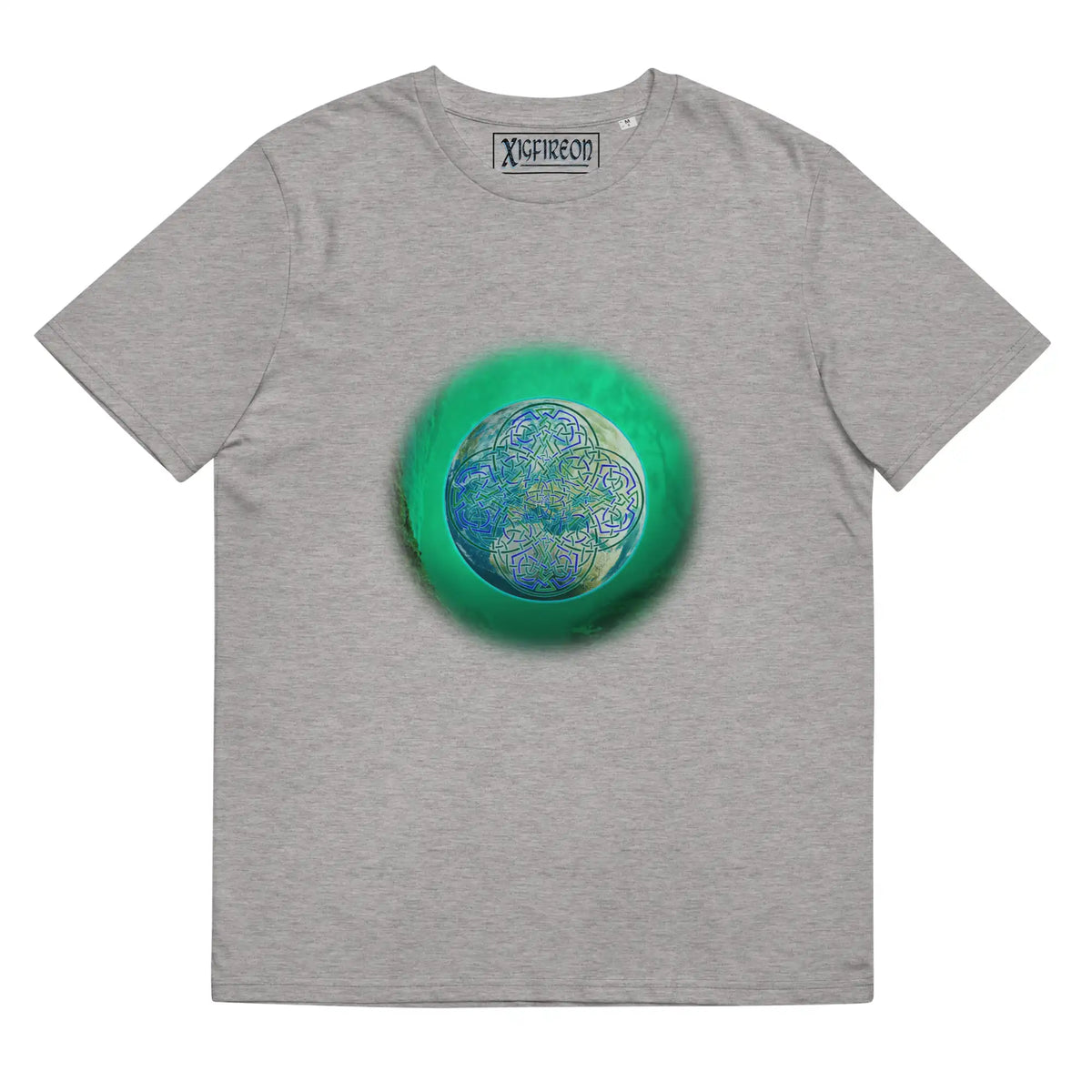 A heather grey Xigfireon graphic organic cotton t-shirt featuring the Deep Forest iteration of the Reach Of The Spirit Celtic knot design. The Reach Of The Spirit Celtic knot represents the glorious Earth.