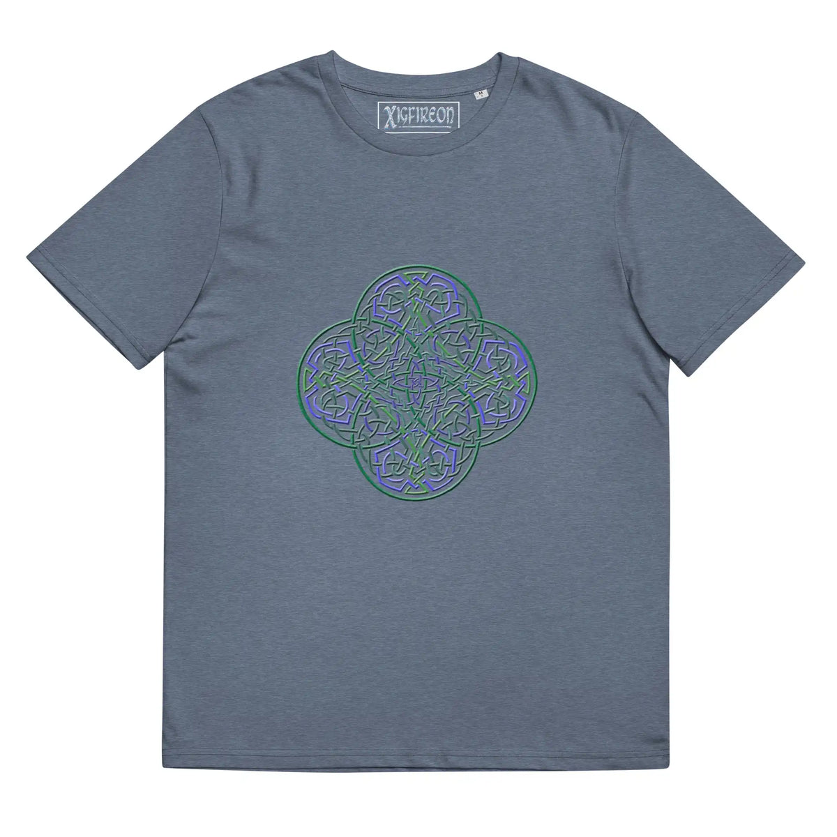 A dark heather blue Xigfireon graphic organic cotton t-shirt featuring the Living Colour iteration of the Reach Of The Spirit Celtic knot design. The Reach Of The Spirit Celtic knot represents our amazing Mother Earth.