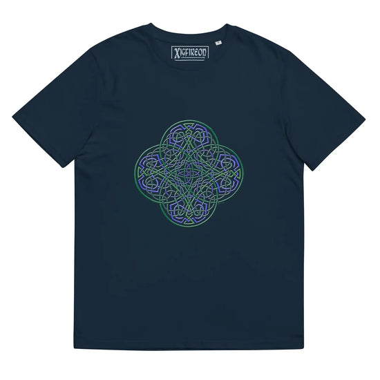 A French navy blue Xigfireon graphic organic cotton t-shirt featuring the Living Colour iteration of the Reach Of The Spirit Celtic knot design. The Reach Of The Spirit Celtic knot represents our amazing Mother Earth.