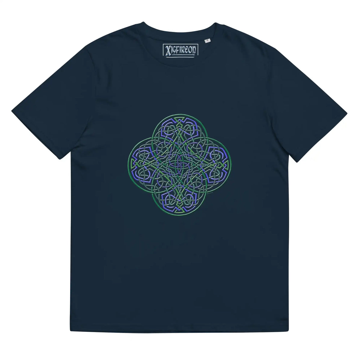 A French navy blue Xigfireon graphic organic cotton t-shirt featuring the Living Colour iteration of the Reach Of The Spirit Celtic knot design. The Reach Of The Spirit Celtic knot represents our amazing Mother Earth.