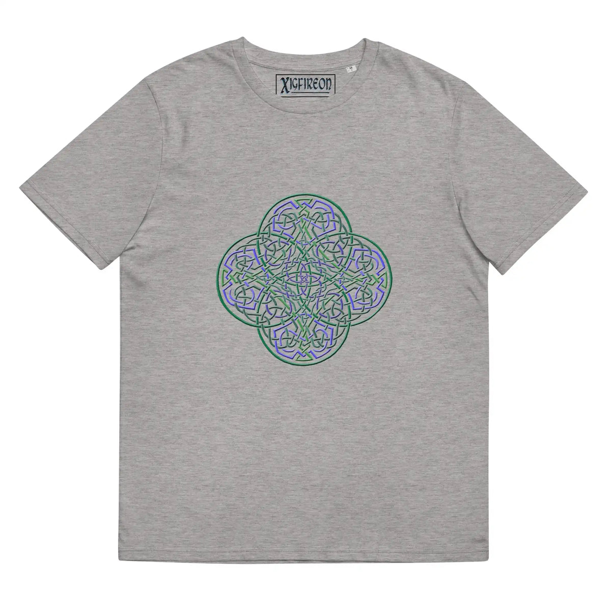A heather grey Xigfireon graphic organic cotton t-shirt featuring the Living Colour iteration of the Reach Of The Spirit Celtic knot design. The Reach Of The Spirit Celtic knot represents our amazing Mother Earth.