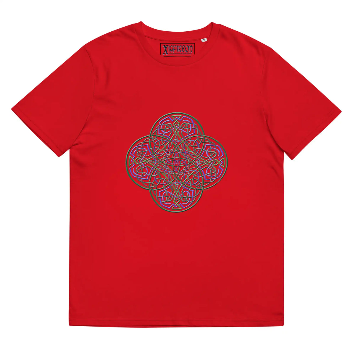 A red Xigfireon graphic organic cotton t-shirt featuring the Living Colour iteration of the Reach Of The Spirit Celtic knot design. The Reach Of The Spirit Celtic knot represents our amazing Mother Earth.