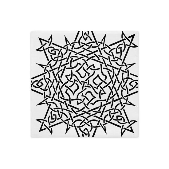 The back side of an 18 inch by 18 inch Xigfireon pillowcase featuring the inverted Black & White Súmáilte iteration of the Morning Star Fire Celtic knot design. The Morning Star Fire Celtic knot represents the Sun.