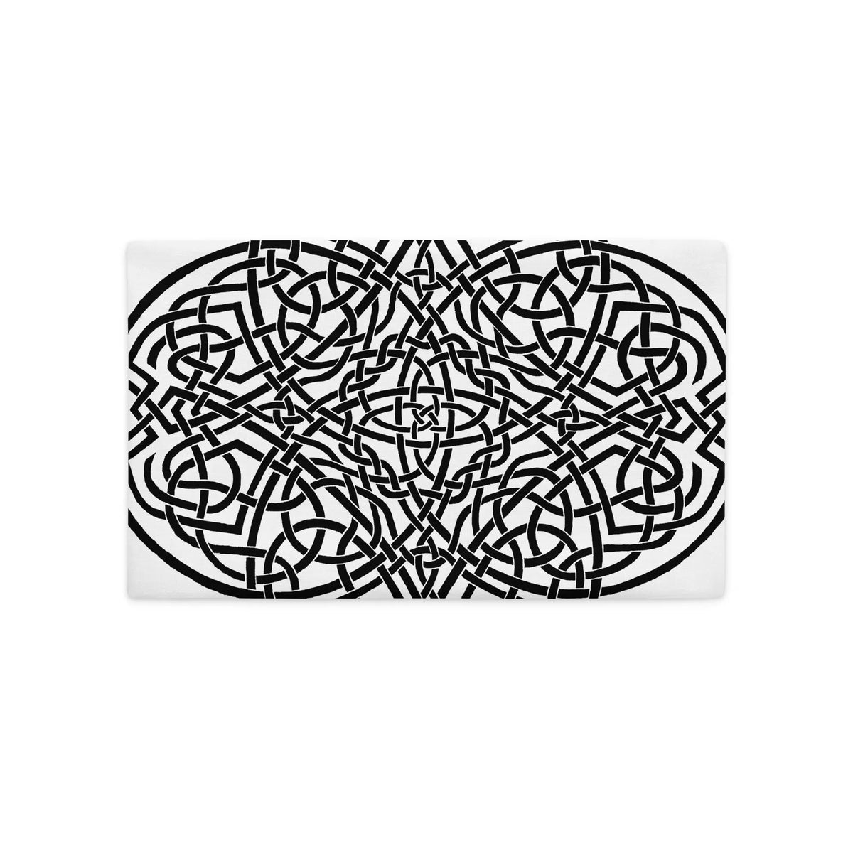 The back side of a 20 inch by 12 inch Xigfireon pillowcase featuring the inverted Black & White Súmáilte iteration of the Reach Of The Spirit Celtic knot design. The Reach Of The Spirit Celtic knot is an Earth symbol.