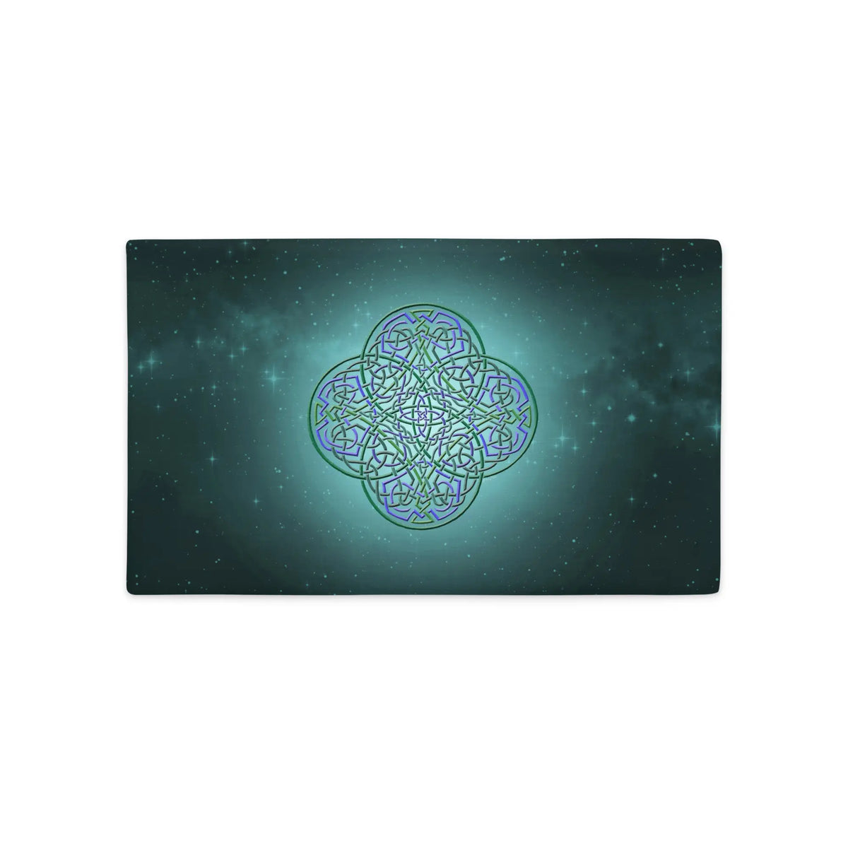 A 20 inch by 12 inch Xigfireon pillow case featuring the Living Colour iteration of the Reach Of The Spirit Celtic knot design, symbolizing Mother Earth.