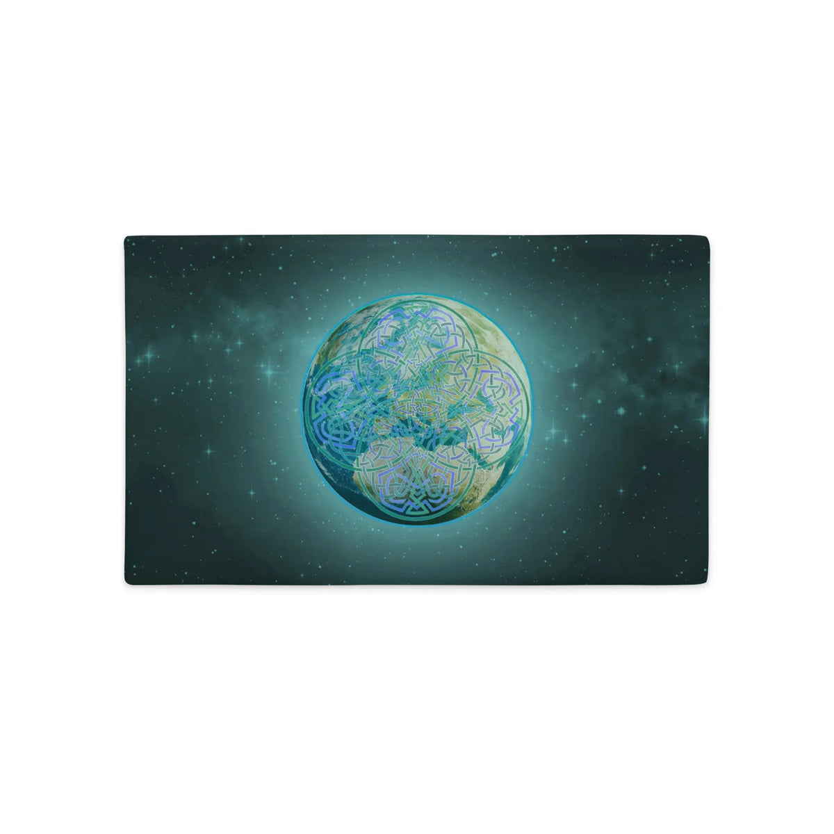 A 20 inch by 12 inch Xigfireon pillow case featuring the Sacred Planet iteration of the Reach Of The Spirit Celtic knot design, symbolizing Mother Earth.