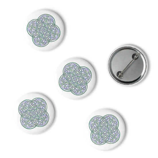 A set of 5 1.25" pin-back buttons featuring the Living Colour iteration of the Reach Of The Spirit Celtic knot design.