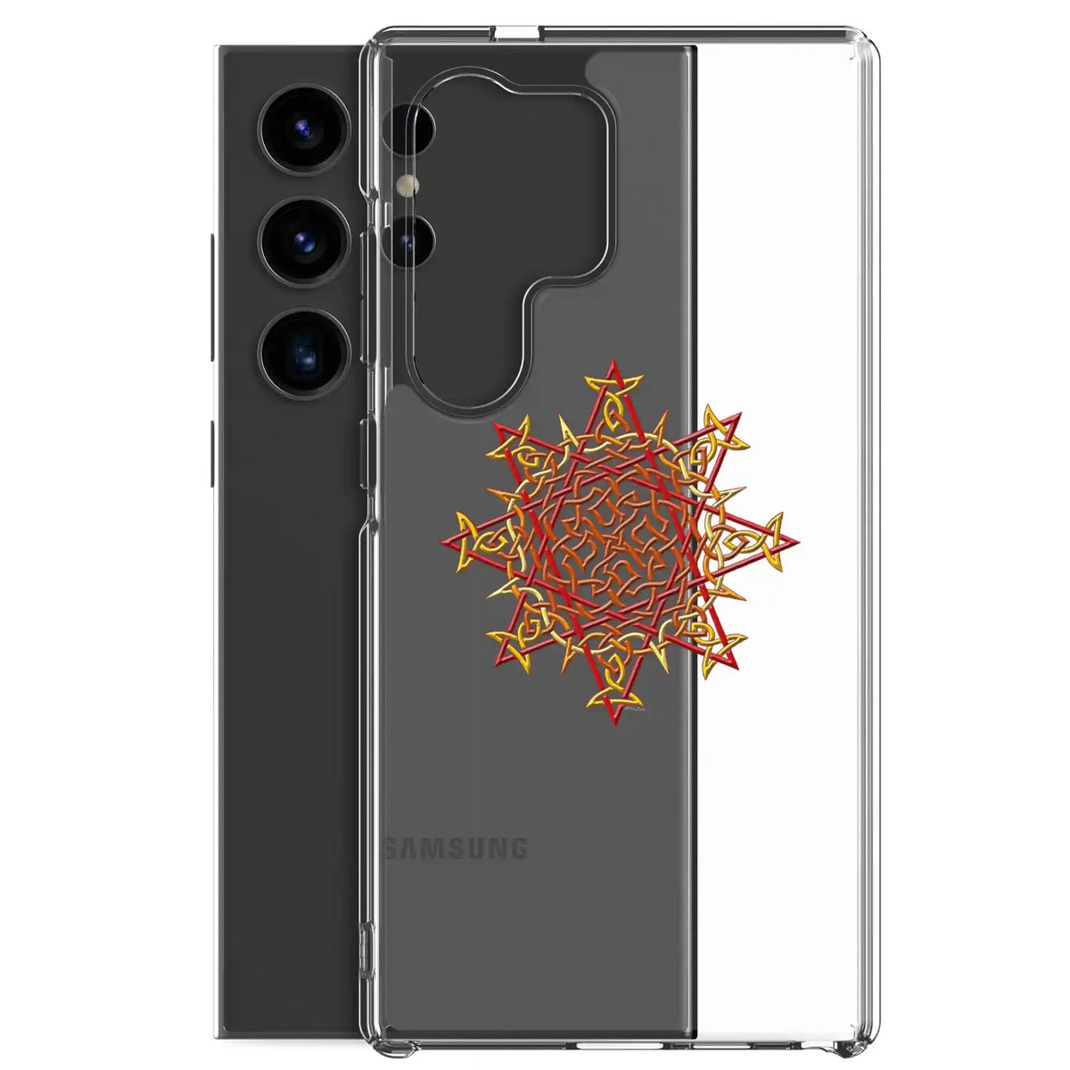 A Samsung Galaxy S24 Ultra behind a Xigfireon clear phone case featuring the Fire Colour iteration of the Morning Star Fire Celtic knot design. The Morning Star Fire Celtic knot design symbolizes Father Sun.