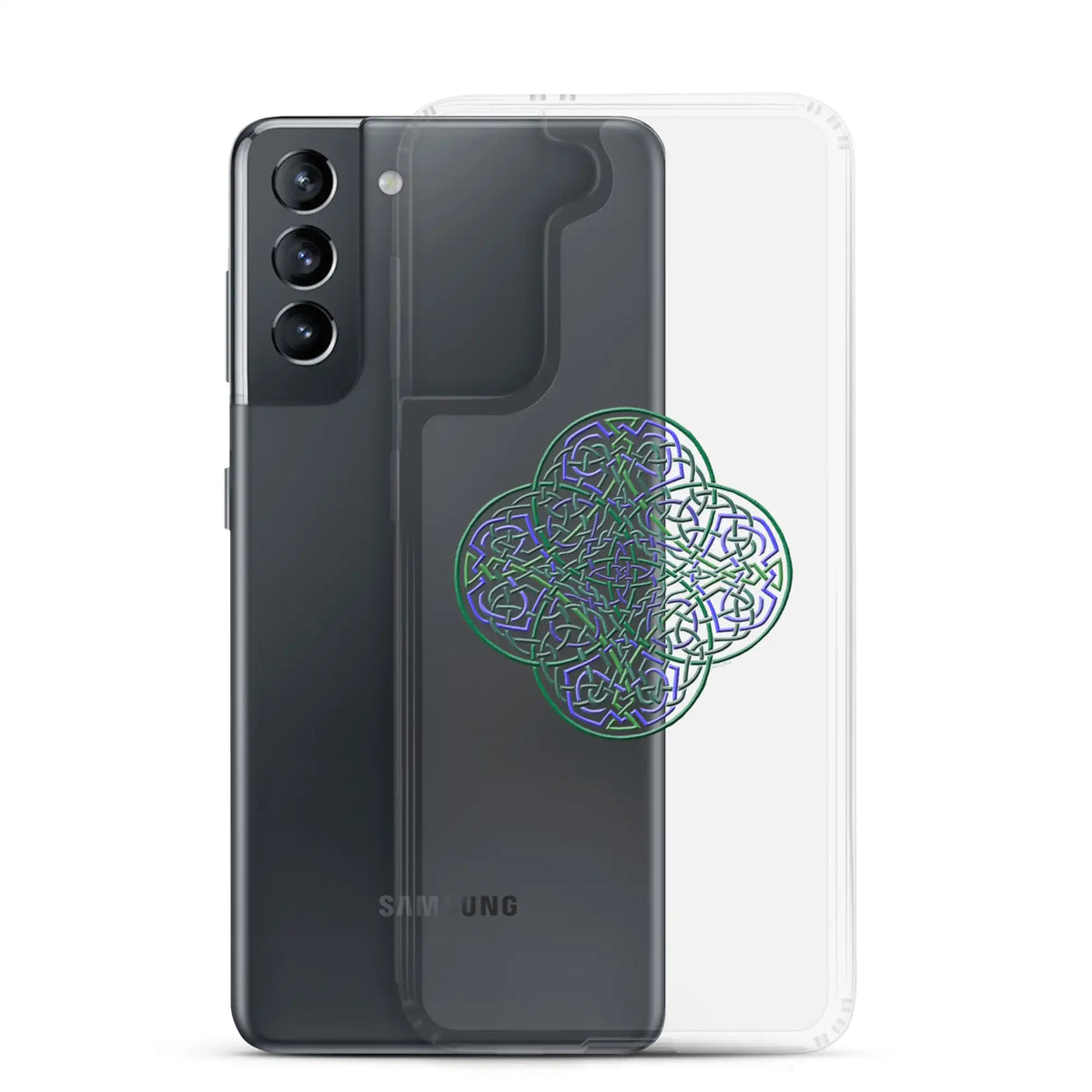 A Samsung Galaxy S21 behind a Xigfireon clear phone case featuring the Living Colour iteration of the Reach Of The Spirit Celtic knot design. The Reach Of The Spirit Celtic knot design represents Mother Earth.
