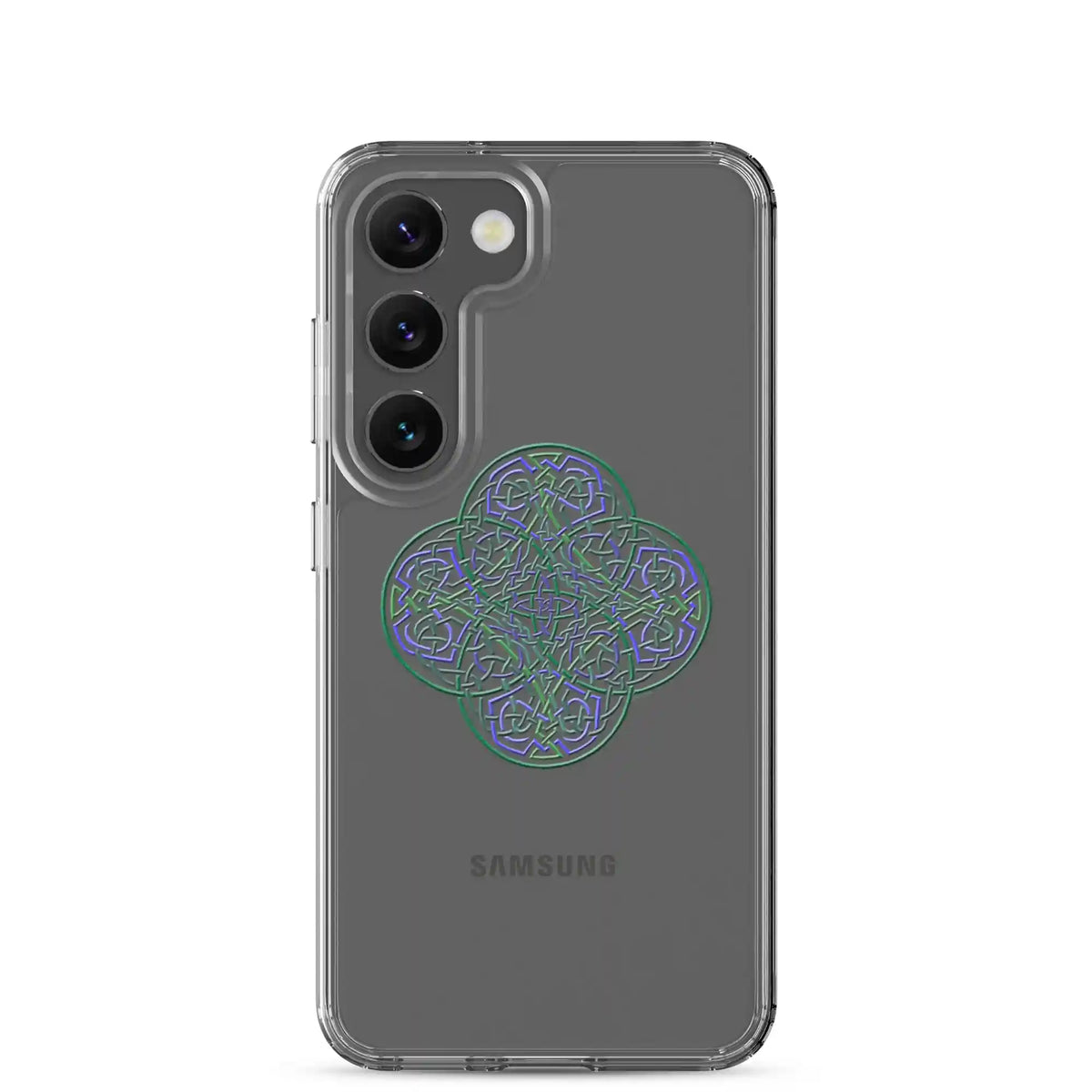 A Samsung Galaxy S23 with a Xigfireon clear phone case featuring the Living Colour iteration of the Reach Of The Spirit Celtic knot design. The Reach Of The Spirit Celtic knot design represents Mother Earth.