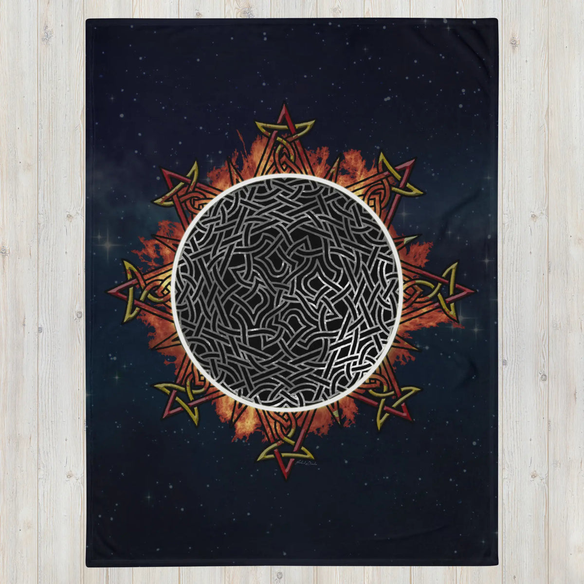 A 60 inch by 80 inch Xigfireon throw blanket featuring the Eclipsed iteration of the Morning Star Fire Celtic knot design. Inspired by the 2023 Annular Solar Eclipse.