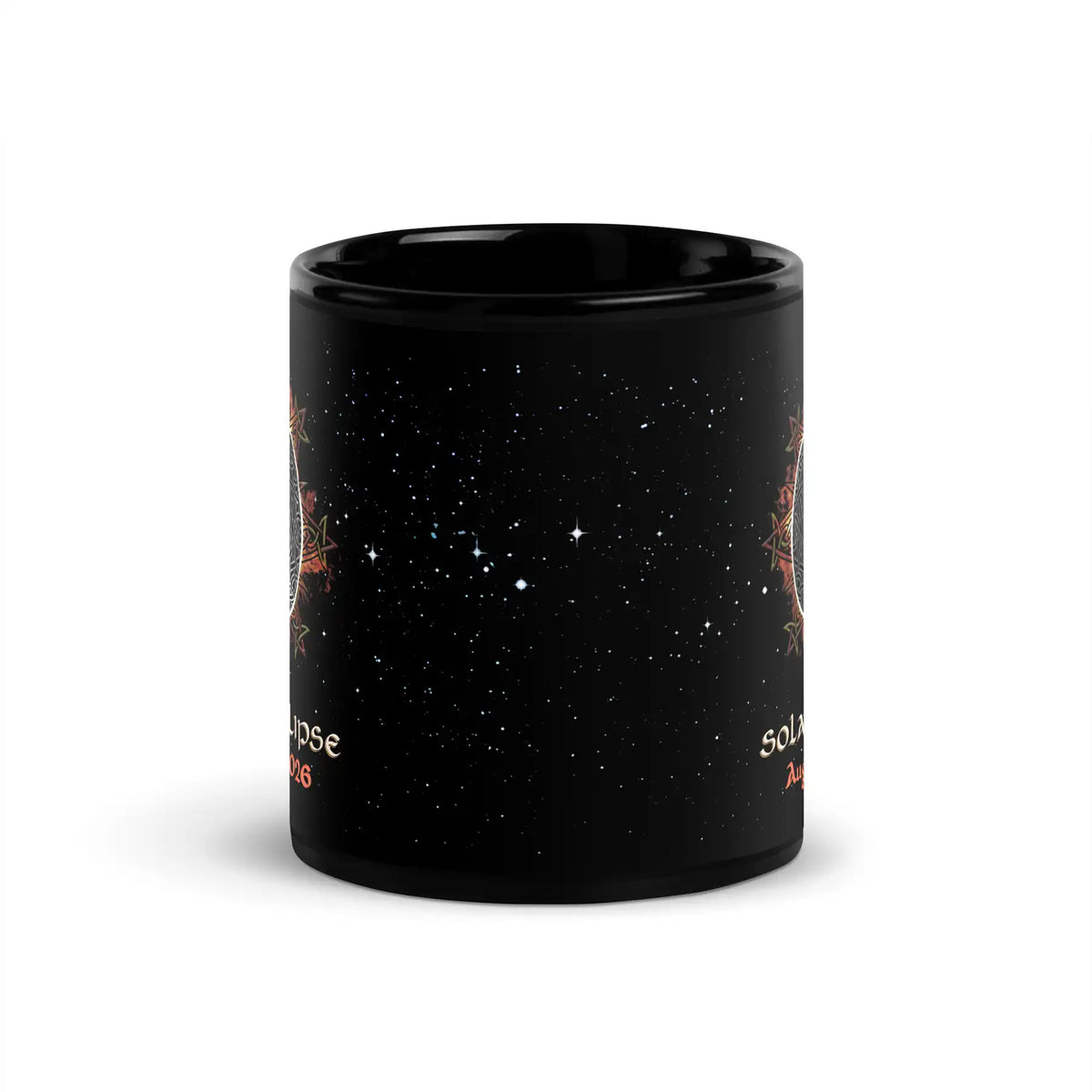 11oz black ceramic mug showing a starry space design with white stars and small orange celestial illustrations seen on the left and right sides, shown on a clean white background.