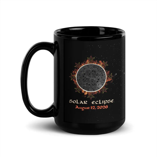 15oz black ceramic mug by Xigfireon featuring a graphic of a solar eclipse Celtic knot with the text &