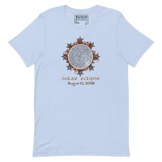 Xigfireon Solar Eclipse August 12, 2026 commemorative t-shirt in baby blue featuring the Morning Star Fire Eclipsed Celtic knot design with original hand-drawn eclipse-inspired artwork and text that reads &