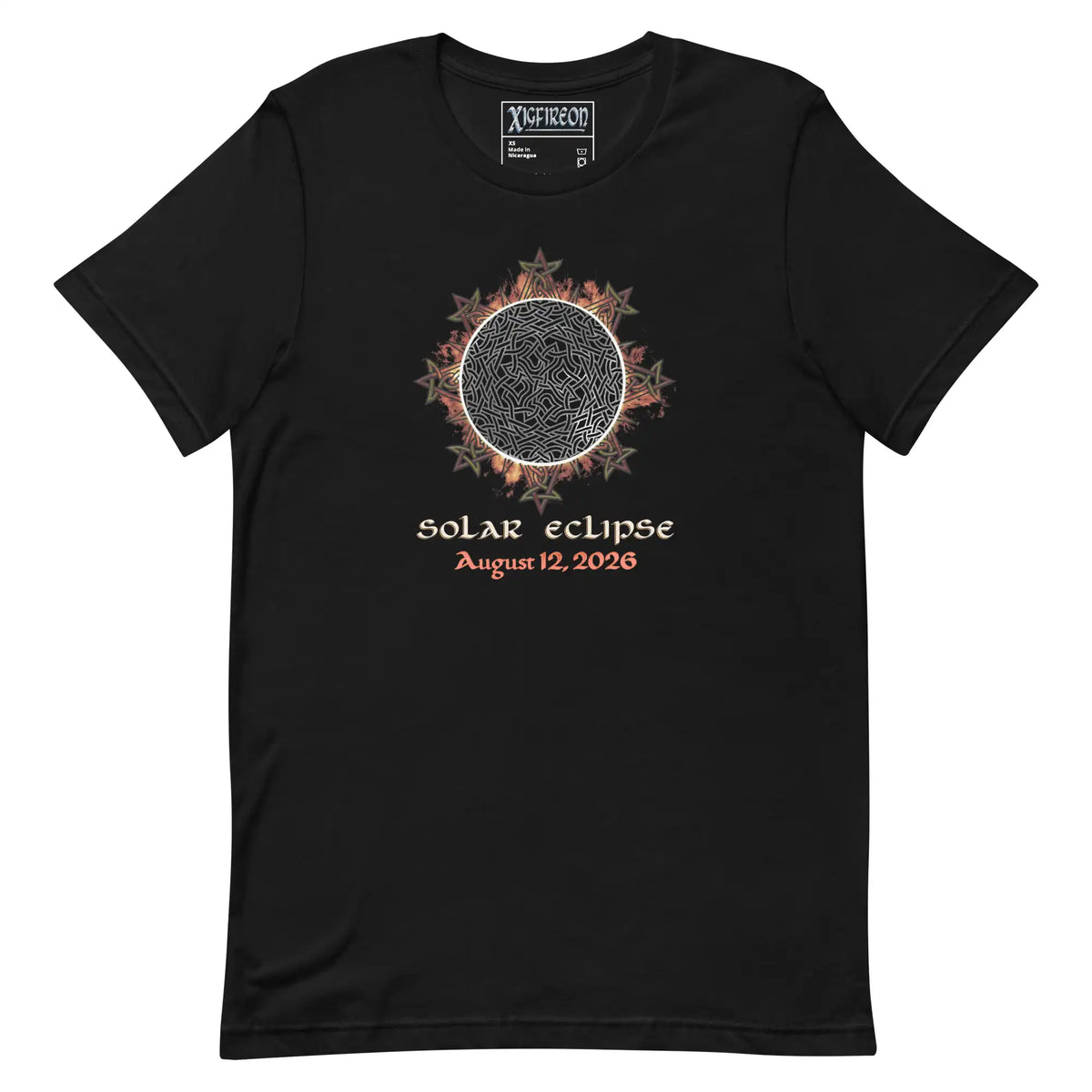Xigfireon Solar Eclipse August 12, 2026 commemorative t-shirt in black featuring the Morning Star Fire Eclipsed Celtic knot design with original hand-drawn eclipse-inspired artwork and text that reads &