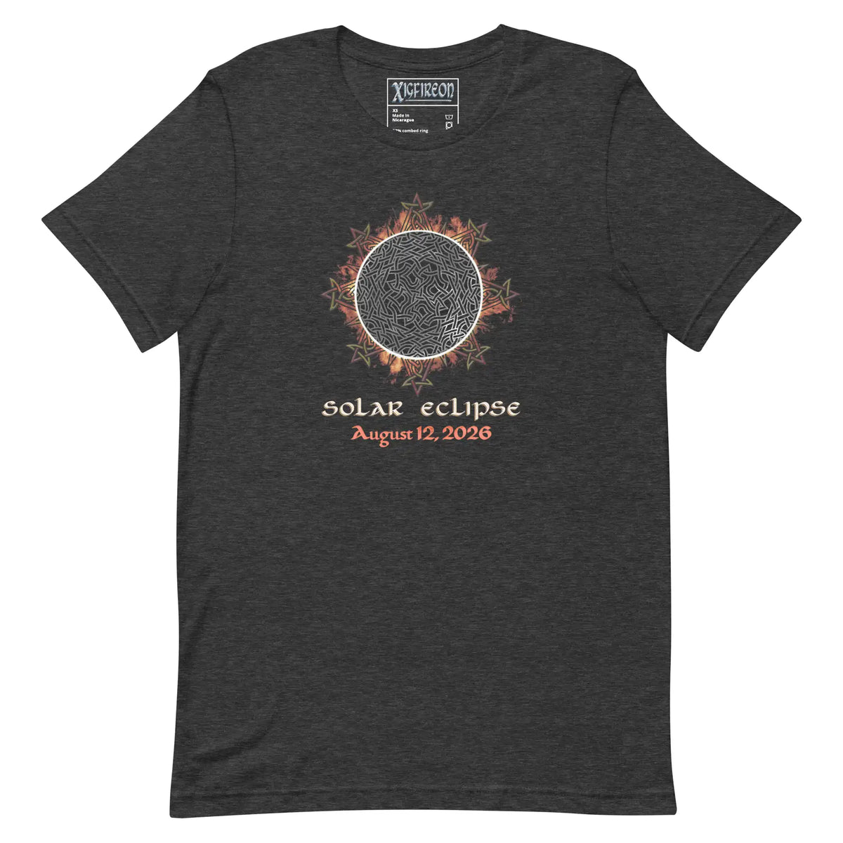 Xigfireon Solar Eclipse August 12, 2026 commemorative t-shirt in dark grey heather featuring the Morning Star Fire Eclipsed Celtic knot design with original hand-drawn eclipse-inspired artwork and text that reads &
