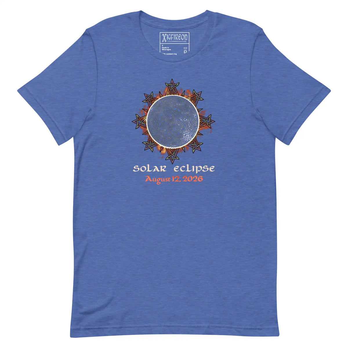 Xigfireon Solar Eclipse August 12, 2026 commemorative t-shirt in true royal blue featuring the Morning Star Fire Eclipsed Celtic knot design with original hand-drawn eclipse-inspired artwork and text that reads &