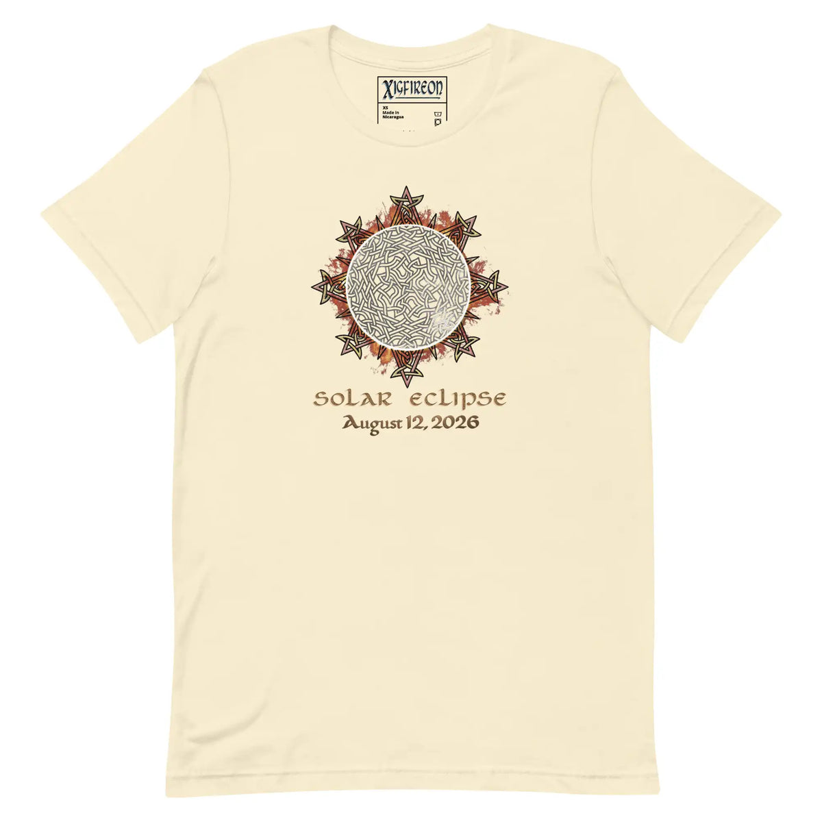 Xigfireon Solar Eclipse August 12, 2026 commemorative t-shirt in natural off-white featuring the Morning Star Fire Eclipsed Celtic knot design with original hand-drawn eclipse-inspired artwork and text that reads &