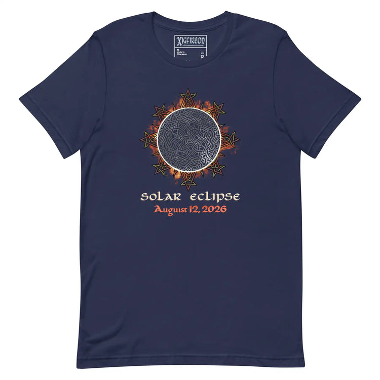 Xigfireon Solar Eclipse August 12, 2026 commemorative t-shirt in navy blue featuring the Morning Star Fire Eclipsed Celtic knot design with original hand-drawn eclipse-inspired artwork and text that reads &